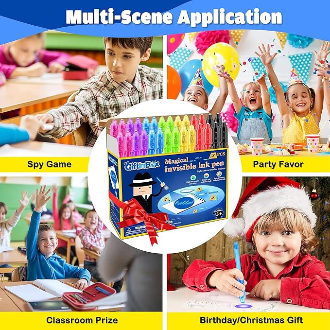 GIFTINBOX Invisible Ink Pen, 28PCS Spy Pen with UV Light for Kids, Birthday Party Favors for Kids 4-8 8-12, Classroom Prize for Students Magic Marker for Secret Message