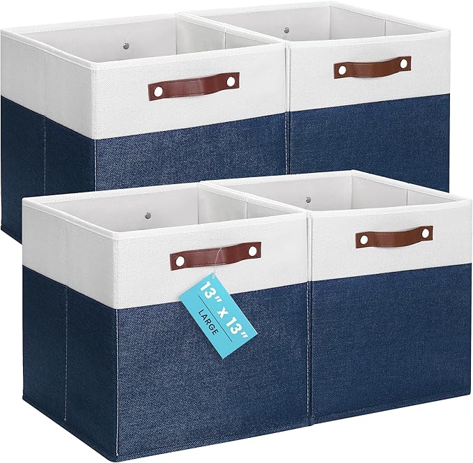 OrganiHaus 13" x 13" x 13" Cube Fabric Storage Bins Set of 4, Fabric Storage Cubes w/ Vegan Handles, 13 inch Collapsible Bins for Clothes & Toy Organizer, 13x13 Basket for Decor - Navy Blue