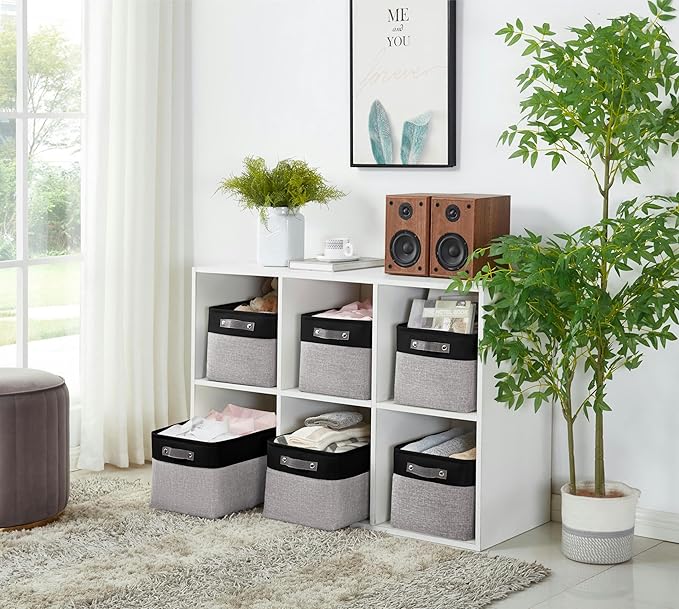 DECOMOMO Storage Baskets for Shelves - Fabric Storage Bins, Linen Closet Organizers and Storage (Grey & Black, Large - 3 Pack)