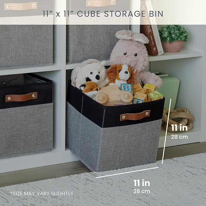 OrganiHaus 11" x 11" x 11" Fabric Cube Storage Bins - Set of 4, Canvas Cubby Bins with Vegan Handles, Square Storage Cubes, Kallax Storage Cubes, 11 Inch Cubic Baskets for Shelves in Gray/Black