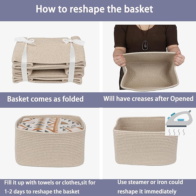 Rope storage Basket Bins Woven Basket for Organizing Shelves 15X10X9.3" Rectangle Decorative Baskets For storage Clothes Toys Books Towels Nursery basket organizer 3 pack Oatmeal