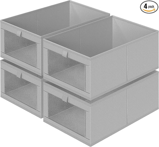 Criusia 4 Pack Linen Closet Organizers and Storage, Closet organizer Large Linen Closet Baskets for Organization, Foldable Storage Containers for Towels, Clothing, Jeans, Books, Shelves,Grey