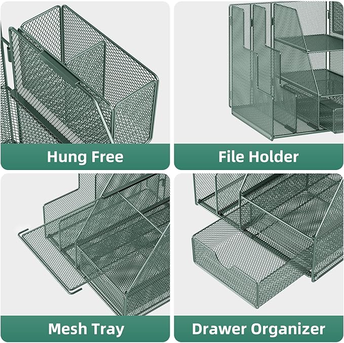 Marbrasse Desk Organizer and Accessories, 3-Tier File Organizer with Drawer and Pen Holder, Small Desktop Organizer and Storage for Workspace Office Supplies Green
