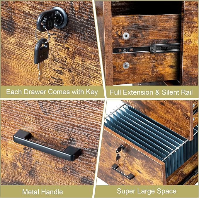 VINGLI 2-Drawer Small Rolling File Cabinet with Lock, Wood Filing Cabinet for Hanging Letter Size Filings with Tabs, Mobile Under Desk File Cabinets for Home Office, Rustic Brown, 27.2" H