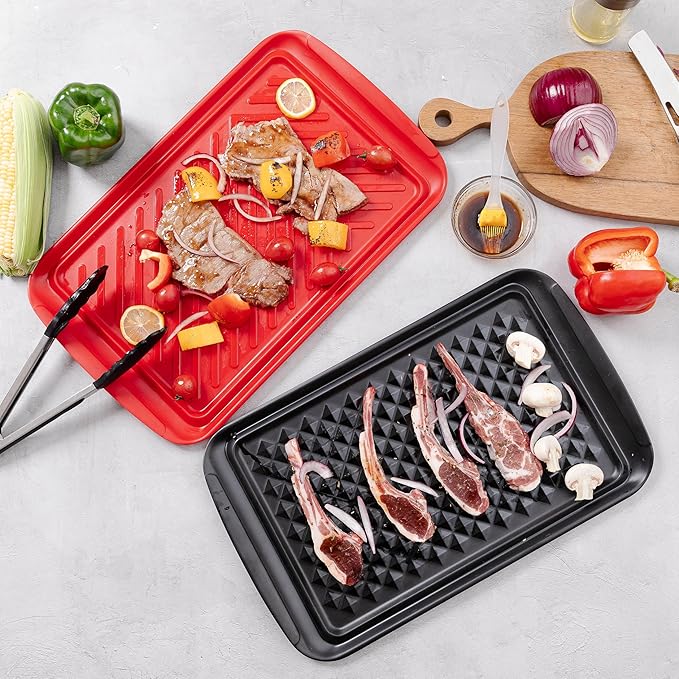 BBQ Tray for Raw Meat Prep and Cooked Food, Grill Prep and Serve Trays, Melamine Serving Trays and Platters for Food, Unbreakable Party Tray, Set of 2, Black and Red