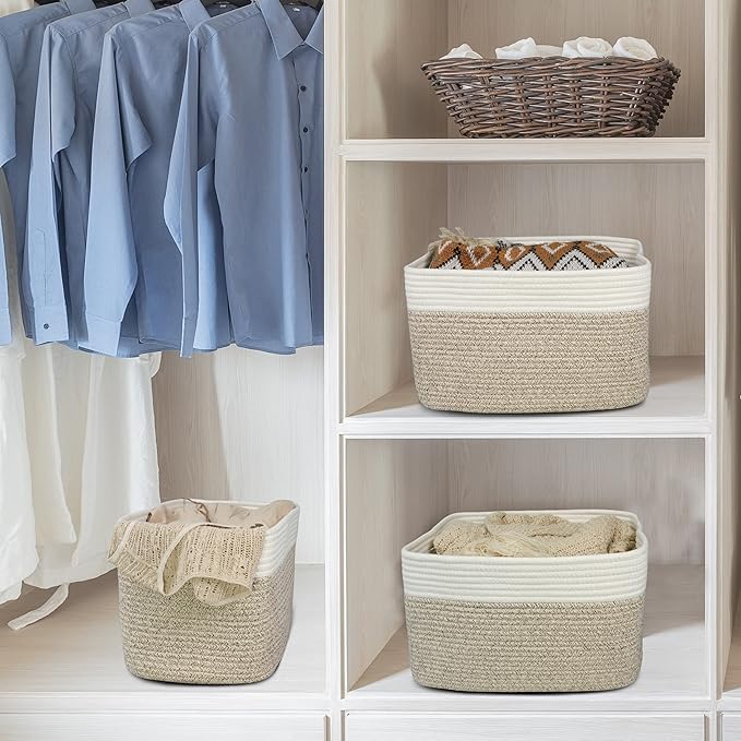 Cotton Rope storage Basket Bins Woven Basket for Organizing Shelves 15X10X9.3" Rectangle Decorative Baskets For storage Clothes Toys Books Towels Nursery basket organizer 3 pack white and brown