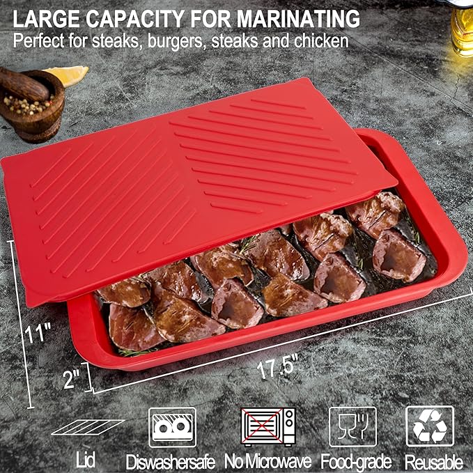 Grilling Prep and Serving Tray with Lid, Bamboo BBQ Deep Trays for Marinating Raw and Cooked Food, Melamine Serving Trays for Food, Black and Red