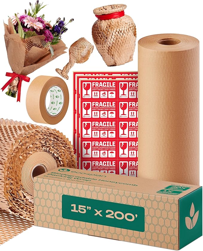 Honeycomb Packing Paper | Extra Thick 90 GSM Packing Wrap | Biodegradable Packing Materials: 15” x 200’ Moving Paper + 195’ Cellulose Adhesive Tape + 30 Fragile Stickers | Paper Bubble Wrap