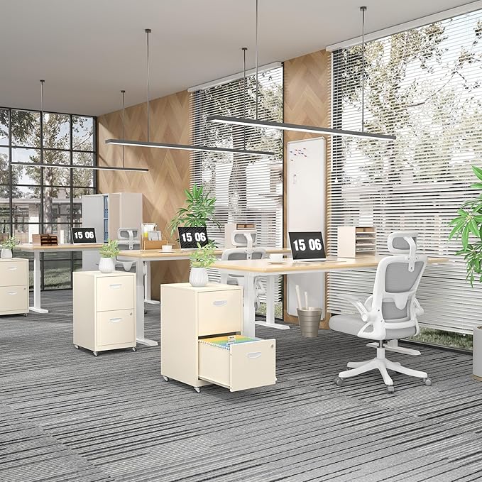 2 Drawer File Cabinet with Lock，Cream Rolling File Cabinet for Home Office, Metal Small Mobile Filing Cabinets on Wheels for Hanging Letter