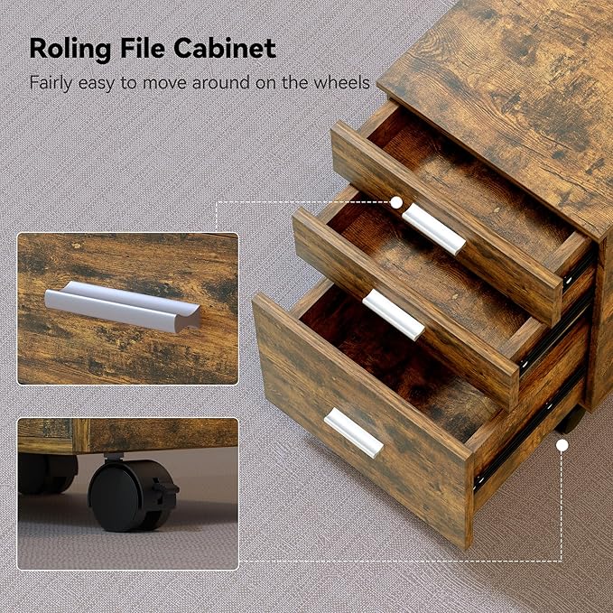 3-Drawer Mobile File Cabinet,Rustic Brown Finish with Locking Casters,Fully Assembled Storage Cabinet with Drawers for Office & Home,18.9" L x 15.75" W x 22.05" H,220 lbs Capacity