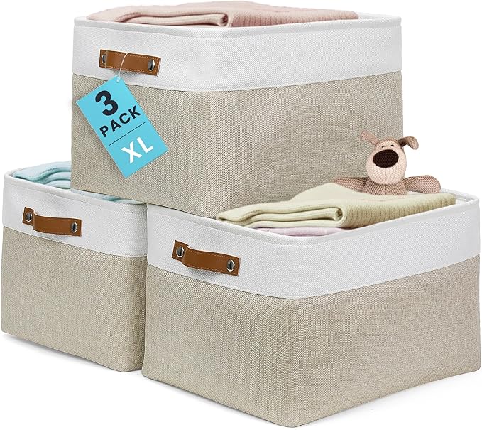 OrganiHaus Extra Large Fabric Storage Baskets for Shelves 3 Pack, 16x13in Closet Storage Bins for Shelves, Canvas Baskets for Organizing, Linen Closet Organizers, Cloth Basket, Beige/Off-White