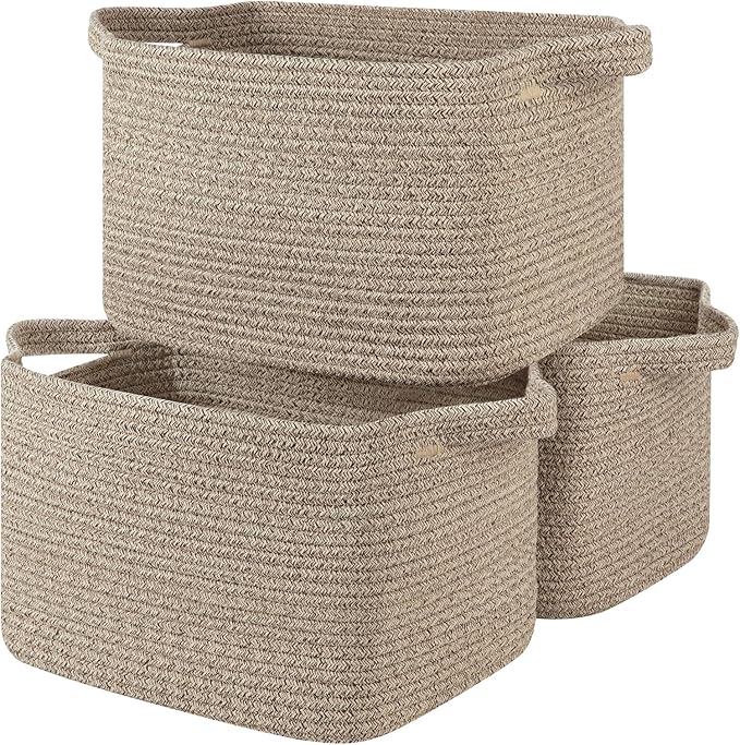 Storage Basket for Organizing, Woven Baskets for Storage, Rectangle Decorative Baskets for Shleves, Closet, Toys, Books, Nursery Organizer Bins - Pack of 3 (Brown, 13"x9.85"x8.7")