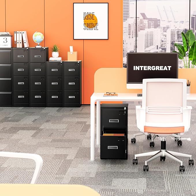 INTERGREAT 4 Drawers File Cabinet with Lock, 18" D Metal Black Vertical Filing Cabinet for Hanging Folders, Easy Assemble