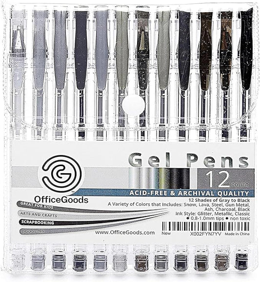 OfficeGoods Grey & Black Gel Pens with Refills – Glitter Metallic Classic – Medium 0.8-1.0mm Tips – Non-Toxic Gel Pens Set – Quick Dry Smudge-Free 12 Pack Colors