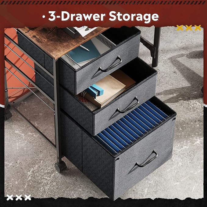 DEVAISE Mobile File Cabinet, Rolling Printer Stand with 3 Drawers, Fabric Vertical Filing Cabinet fits A4 or Letter Size for Home Office, Rustic Brown