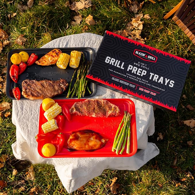 BLAZIN' GRILL Prep and Serve Trays | Set of 2 Stackable, Melamine Trays | Serving Tray & Marinating Tray | Serving Platter for Plating Food & BBQ Prep Tub for Marinating Meats | Grill Accessories |