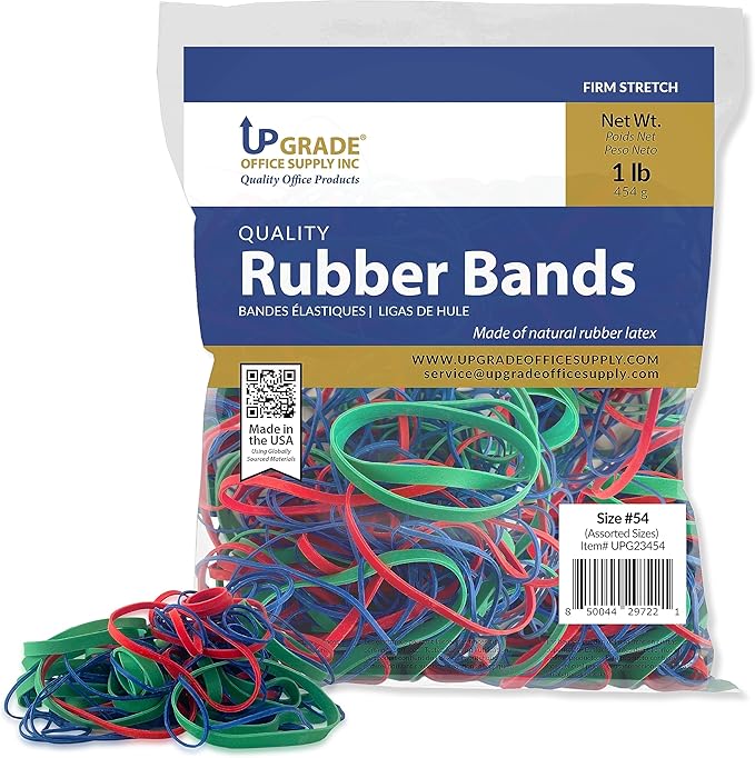 Upgrade Office Supply UPG23454CS Rubber Bands, Assorted Size and Color, 1 lb Bags, 20 Pack Case, USA