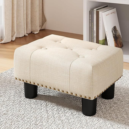 LUE BONA Small Tufted Foot Stool, Beige Linen Rivet Tufted Footrest with Plastic Legs, 9''H, Rectangle Foot Stools for Adult with Non-Slip Pads, Sofa Footstool for Living Room, Couch
