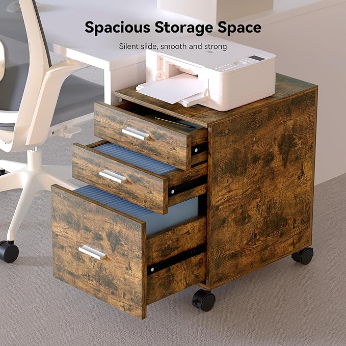 3-Drawer Mobile File Cabinet,Rustic Brown Finish with Locking Casters,Fully Assembled Storage Cabinet with Drawers for Office & Home,18.9" L x 15.75" W x 22.05" H,220 lbs Capacity