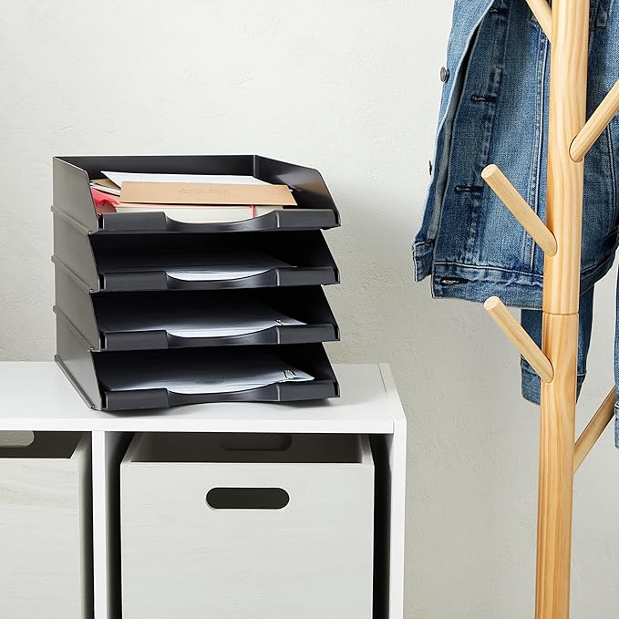 Stockroom Plus Letter Trays - 4-Pack, Black, 10 x 13.5 x 2.5 in - Stackable Paper Trays & Desktop File Organizer - Mail Organizer & Document Storage