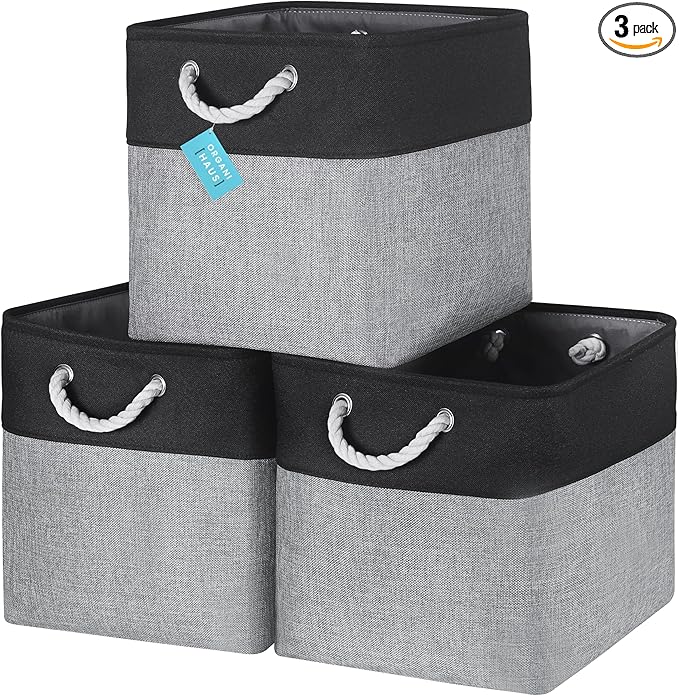 OrganiHaus 13x13 Cube Storage Bins 3 Pack, Foldable Cube Storage Organizer w/ Rope Handles, Collapsible Fabric Bins for Toys, Clothes & Closet Organization, Fabric Square Baskets - Gray/Black