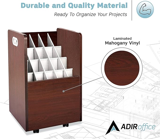 AdirOffice Adir Blue Print Storage Organizer - Mobile Roll File Cart, Construction Plan Holders, Blueprint Cabinet with Wheels, Roll Files Storage for Office and Home (20 Slots, Mahogany)