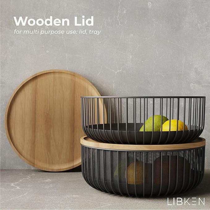 Metal Wire Mesh Fruit Basket with Wooden Lid - Fly-Proof Indoor Solution for Fresh Fruits - Covered Fruit Bowl with Lid - Produce Cover Against Flies for Vegetables - Black