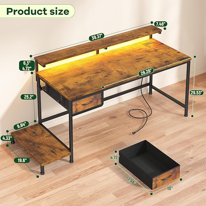 39.3Inch Office Desk with Power Outlet & Drawer, Gaming Desk with CPU Stand& LED Lights,Computer Desk with Ergonomic Monitor Stand for Small Space,Rustic Brown