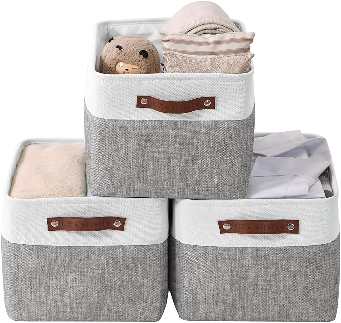 DECOMOMO Storage Baskets for Shelves - Fabric Storage Bins, Linen Closet Organizers and Storage (Grey & White, Large - 3 Pack)