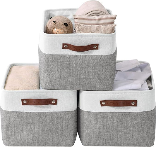 DECOMOMO Storage Baskets for Shelves - Fabric Storage Bins, Linen Closet Organizers and Storage (Grey & White, Large - 3 Pack)