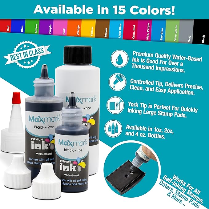 MaxMark Premium Refill Ink for self Inking Stamps and Stamp Pads, Crimson Red Color - 4 oz.