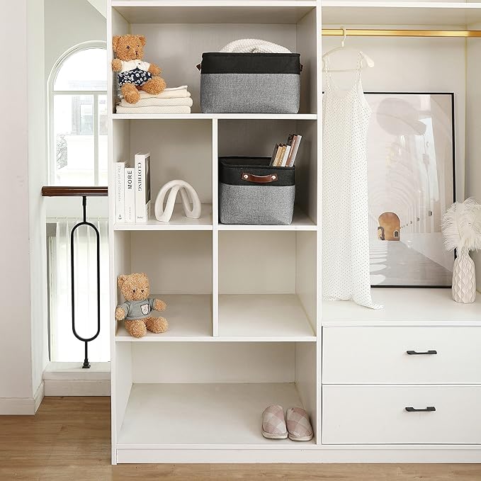 OrganiHaus Large Fabric Storage Baskets for Shelves 3 Pack, 15x11in Closet Storage Bins for Shelves, Canvas Baskets for Organizing, Linen Closet Organizers, Cloth Basket, Gray/Black