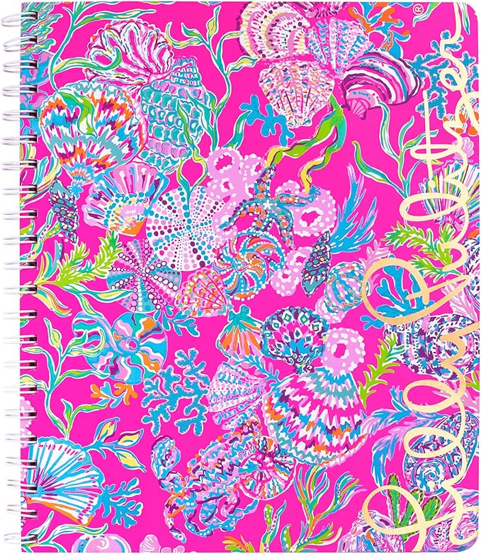 Lilly Pulitzer Large Pink Hardcover Spiral Notebook, 11" x 9.5" with 160 College Ruled Pages, Shell Me Something Good