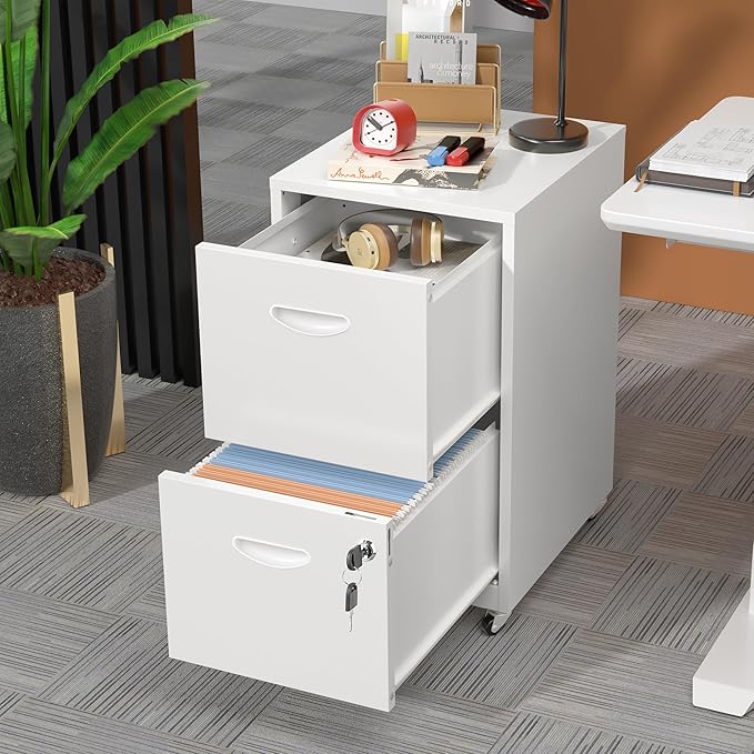 2 Drawer Mobile File Cabinet with Lock, Metal Filing Cabinets with Wheels, White Rolling Storage Cabinet, Under Desk Vertical File Cabinet for Home Office, Lockable Steel Two Drawer for Letter Size