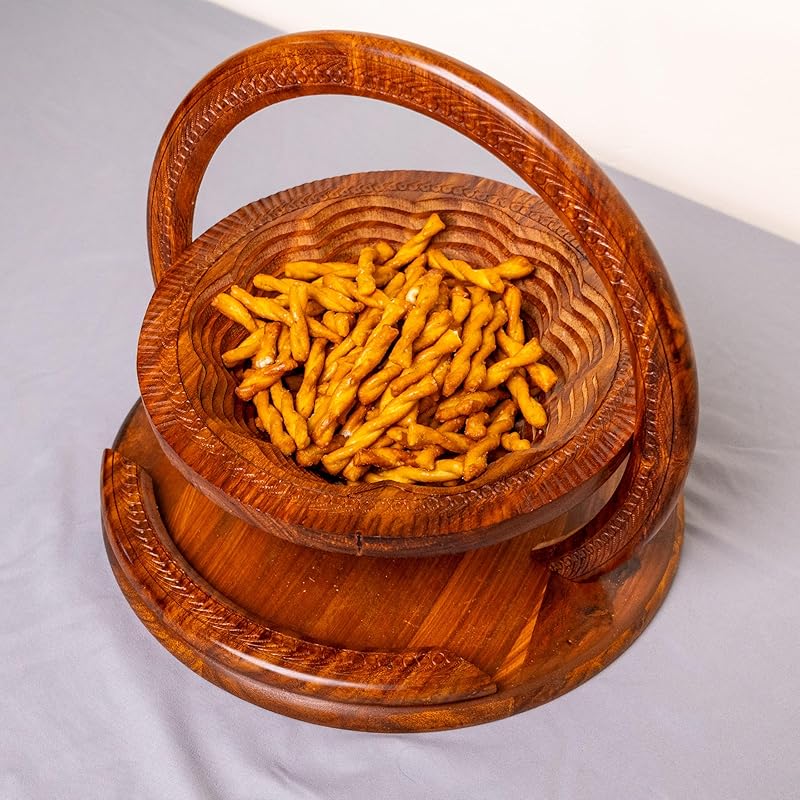 Handmade 12″ Collapsible Wooden Basket, Single Bowl Flower Design in Himalayan Rosewood, Fruit Basket, Bread Bowl & Trivet, Folds Flat for Easy Storage – Unique Centerpiece & Gift