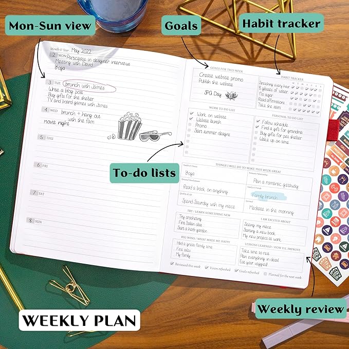Legend Planner PRO – Deluxe Weekly & Monthly Life Planner to Increase Productivity and Hit Your Goals. Time Management Organizer Notebook – Undated – 7 x 10" Hardcover + Stickers – Red