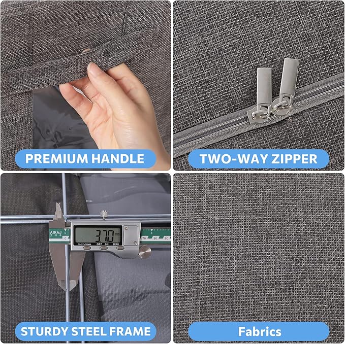 CYhom Clothes Storage Bins Box - Linen Fabric Foldable Stackable Container Organizer Set with Clear Window & Carry Handles & Metal Frame (Dark Gray, Medium-36L)