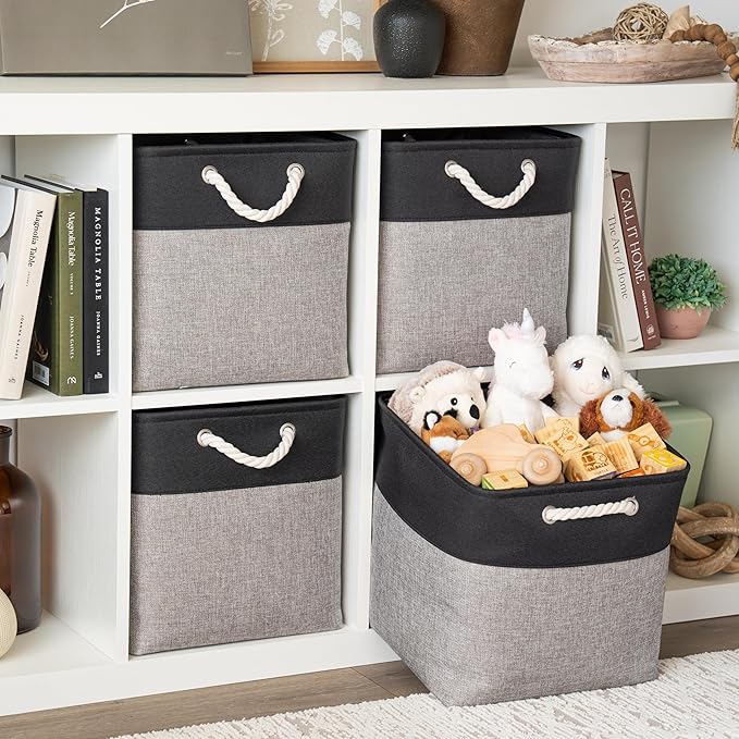 OrganiHaus 13x13 Cube Storage Bins 3 Pack, Foldable Cube Storage Organizer w/ Rope Handles, Collapsible Fabric Bins for Toys, Clothes & Closet Organization, Fabric Square Baskets - Gray/Black