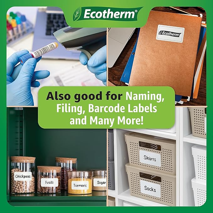 2.25" x 2.5" Thermal Labels | 4 Rolls | 2400 Labels | fits Zebra, Munbyn, Rollo, Godex, Arkscan, iDPRT, Offnova Thermal Label Printers and More | Blank White Adhesive Stickers by Ecotherm