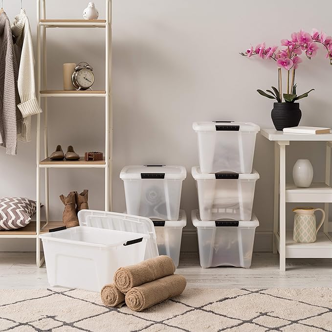 IRIS USA 32 Qt Stackable Plastic Storage Bins with Lids, 6 Pack - BPA-Free, Made in USA - Discreet Organizing Solution, Latches, Durable Nestable Containers, Secure Pull Handle - Pearl