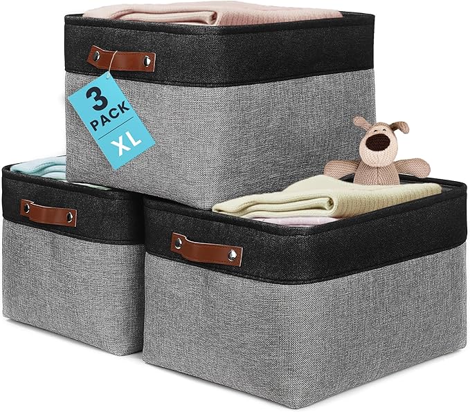 OrganiHaus Extra Large Fabric Storage Baskets for Shelves 3 Pack, 16x13in Closet Storage Bins for Shelves, Canvas Baskets for Organizing, Linen Closet Organizers, Cloth Basket, Gray/Black
