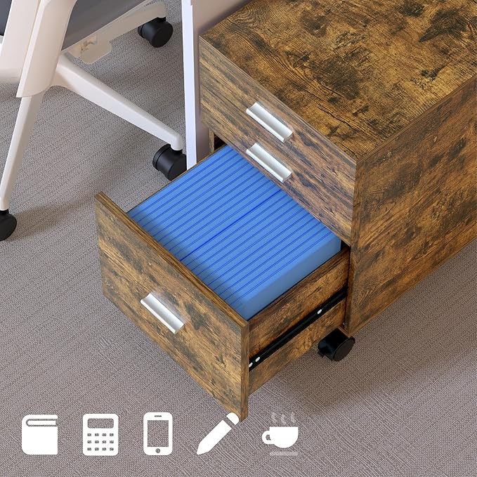 3-Drawer Mobile File Cabinet,Rustic Brown Finish with Locking Casters,Fully Assembled Storage Cabinet with Drawers for Office & Home,18.9" L x 15.75" W x 22.05" H,220 lbs Capacity