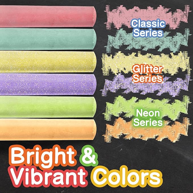 160 PCS Sidewalk Chalk for Kids - 14 Colors, 10 Glitter, 10 Neon Non-Toxic Washable Jumbo Chalks - Bulk Set of Outdoor Paint for Kids and Toddlers - Chalkboard Toys - Big Bucket Chalk for Party