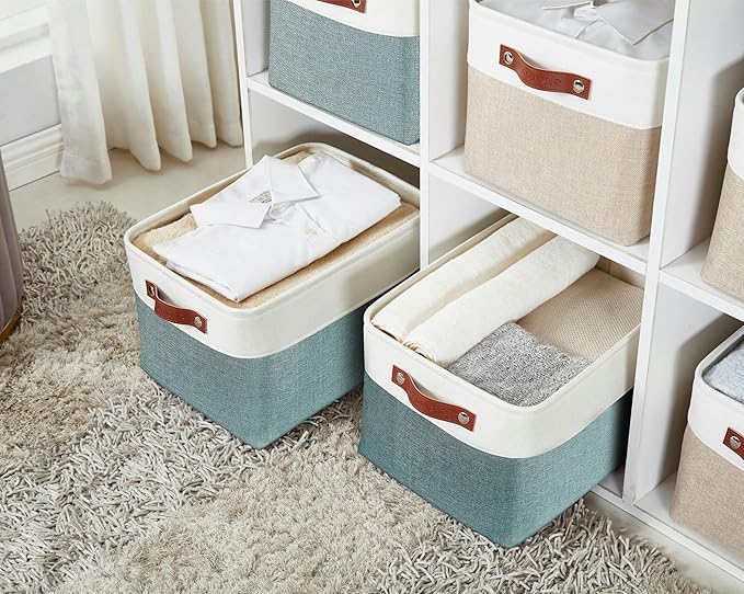 DECOMOMO Storage Baskets for Shelves - Fabric Storage Bins, Linen Closet Organizers and Storage (Green & White, Large - 3 Pack)
