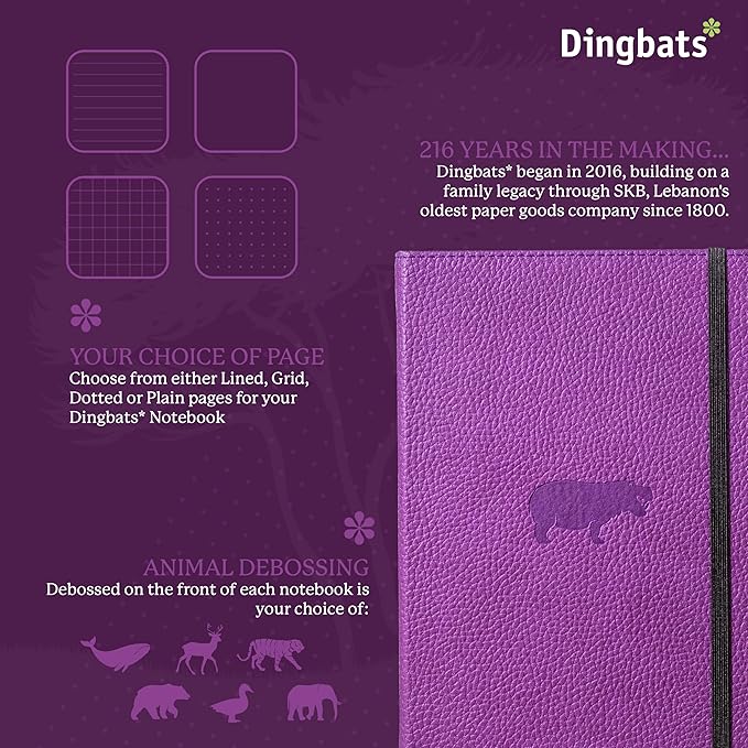 Dingbats* Wildlife Plain Writing Journal Notebook A5 - Vegan Leather Hardcover - Ideal for Work, Travel - Pocket, Elastic Closure, & Bookmark