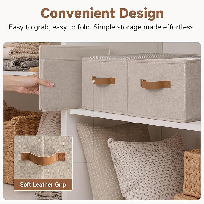 SroageWorks Storage Baskets for Shelves, Foldable Fabric Closet Storage Bins with Handles, Clothes Organizer Laundry Baskets, Brown & Beige, 3-Pack, Large