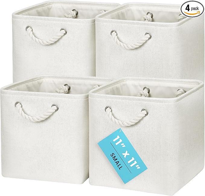 OrganiHaus 11x11 Cube Storage Bins 4 Pack, Foldable Cube Storage Organizer w/ Rope Handles, Collapsible Fabric Bins for Toys, Clothes & Closet Organization, Fabric Square Baskets - Off-White