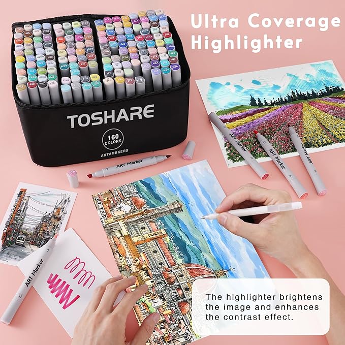 160 Colors Alcohol Markers Set - Double Tip Art Markers Alcohol Based Marker Brush&Chisel Nib Blender Art Pens Permanent Sketch Marker for Kids Adults Coloring and Artist Illustration