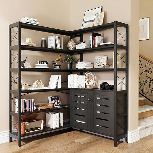 6-Shelf Corner Bookshelf, Vintage Industrial Corner Shelf Etagere Bookcase, Large Book Shelf with Metal Frame Open Storage Corner Cabinet (Black-Lockers, Large)