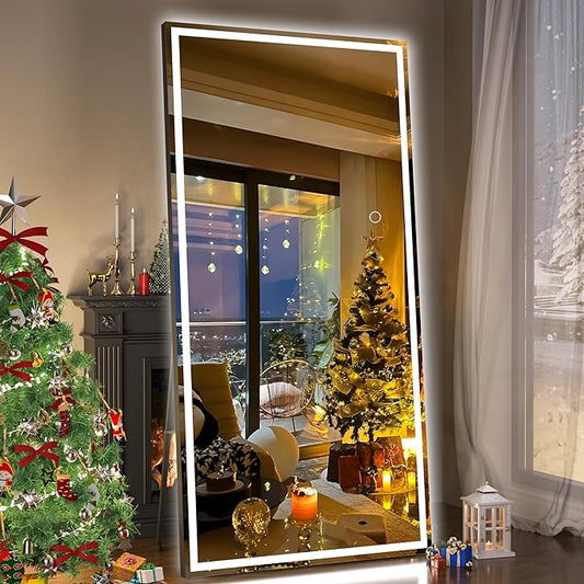 Hasipu Full Length Mirror with Lights, 79" x 32" LED Lighted Floor Standing Mirror, Full Body Dressing Hanging Mounted Mirrors, Dimmable, Tempered Glass, Safe to Use, Square Black